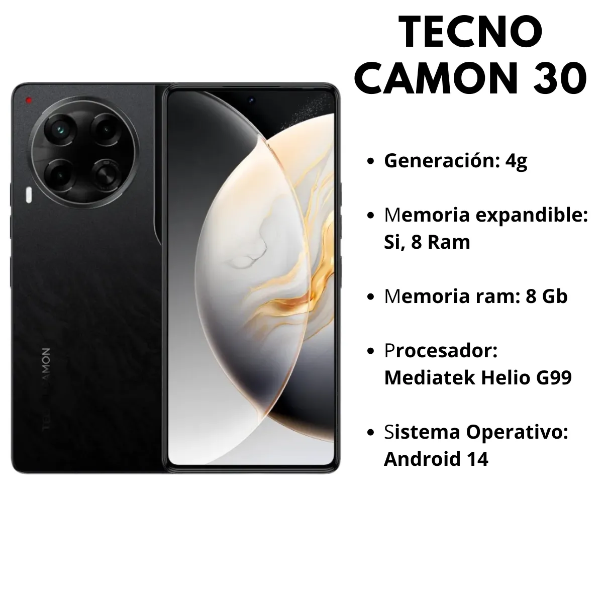 Celular Tecno Camon 30 256 Gb 8 Ram + audífonos Tecno Buds 3 Negro