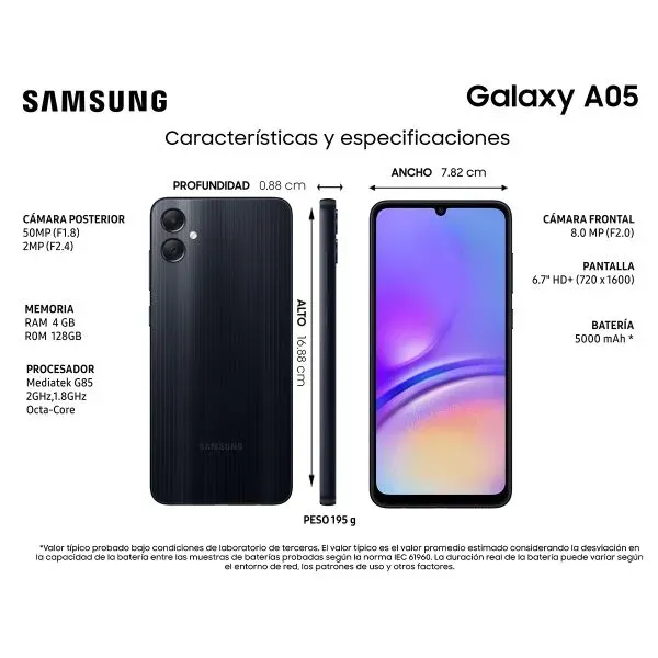 Celular Samsung Galaxy A05 64GB 4RAM 4G Negro