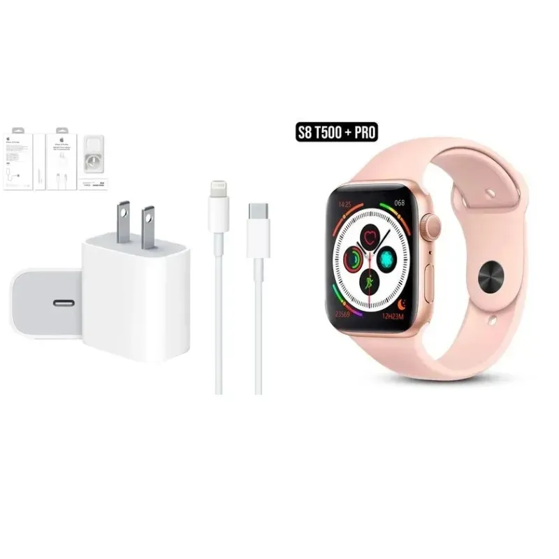 Reloj Inteligente T500 Pro Plus Rosado + Cargador Iphone 20w Carga Rapida