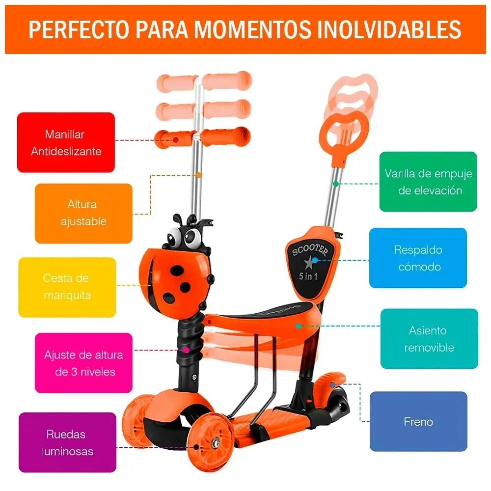 Patineta Scooter Convertible 5 En 1 Para Niños Monopatin Con Luces Led