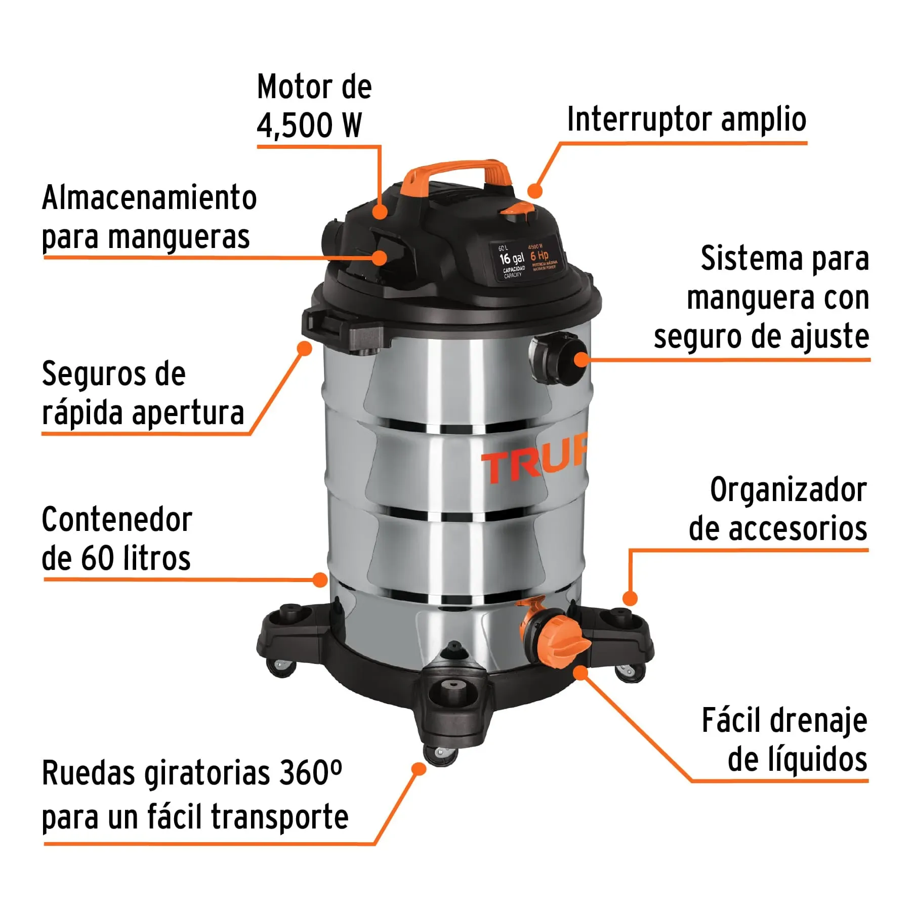 Aspiradora Industrial Profesional En Acero Inoxidable Truper 16 Galones Solidos Y Líquidos + Accesorios