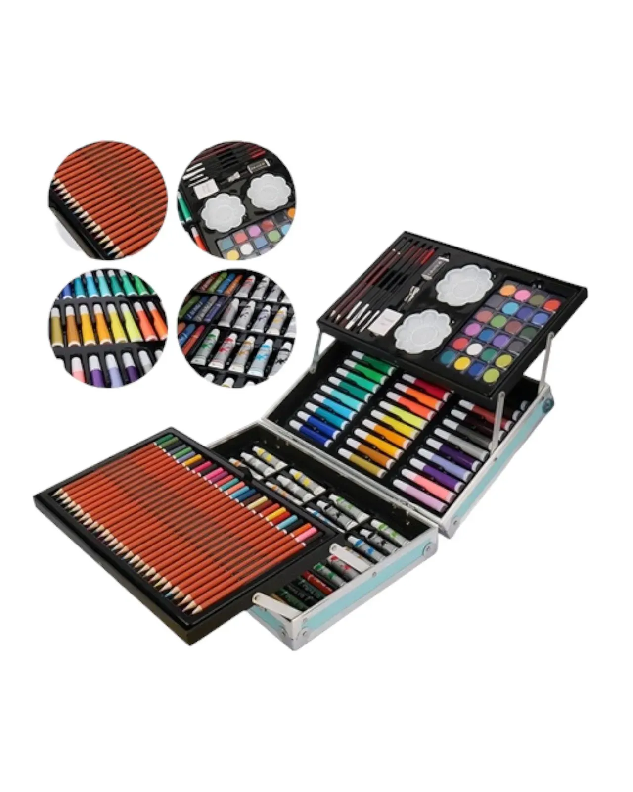 Set De Arte Maleta 145 Metalico Piezas Para Niños Creatividad Dibujo Rosado