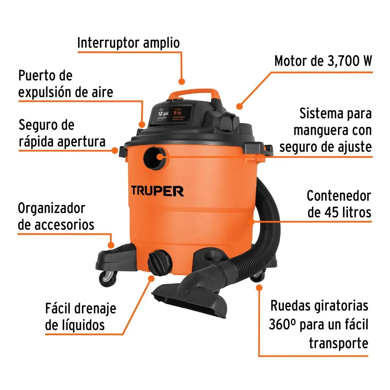 Aspiradora Plástica Truper 12 Galones Solidos Y Líquidos + Accesorios