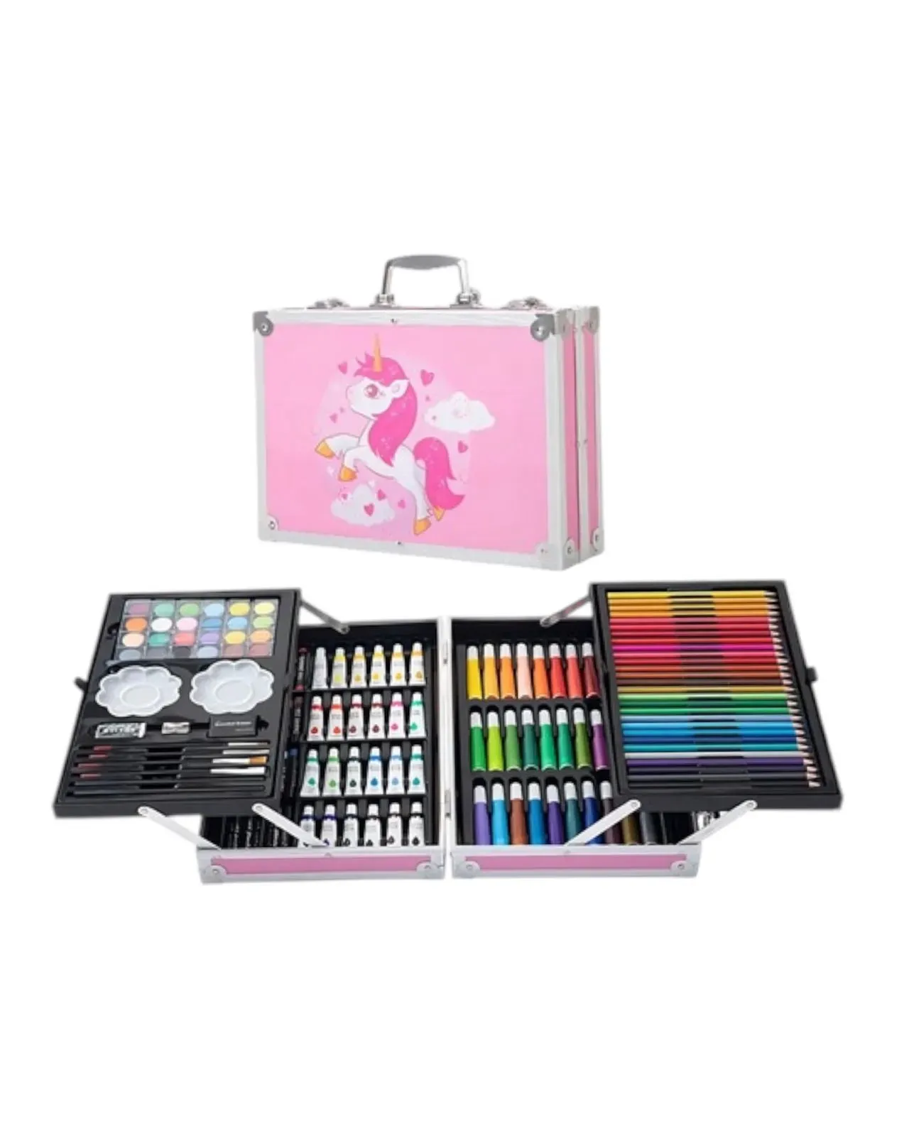 Set De Arte Maleta 145 Metalico Piezas Para Niños Creatividad Dibujo Rosado