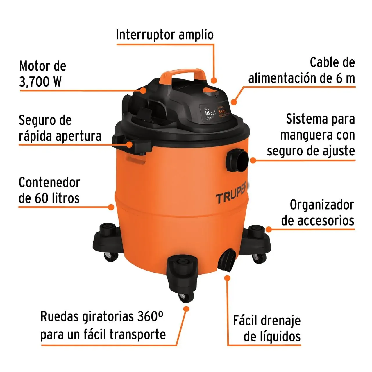 Aspiradora Plástica Truper 16 Galones Solidos Y Líquidos + Accesorios