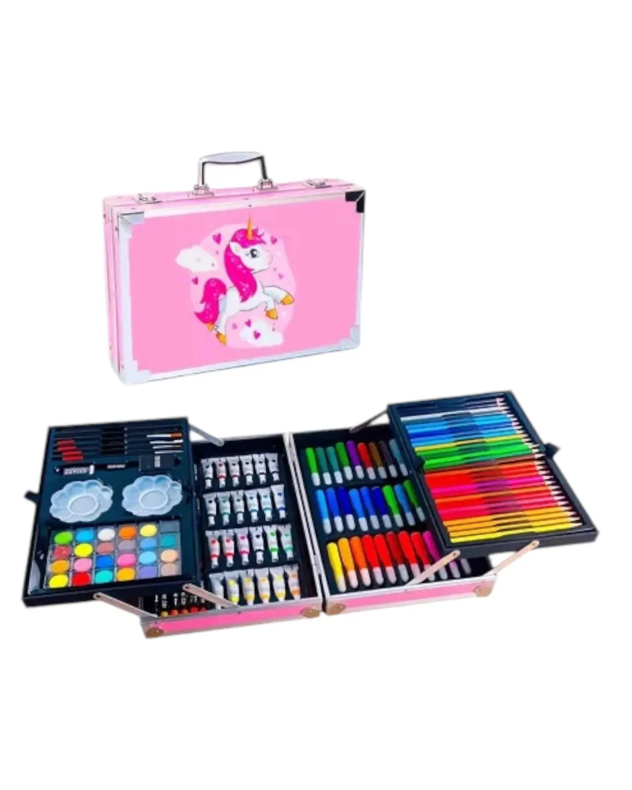 Set De Arte Maleta 145 Metalico Piezas Para Niños Creatividad Dibujo Rosado