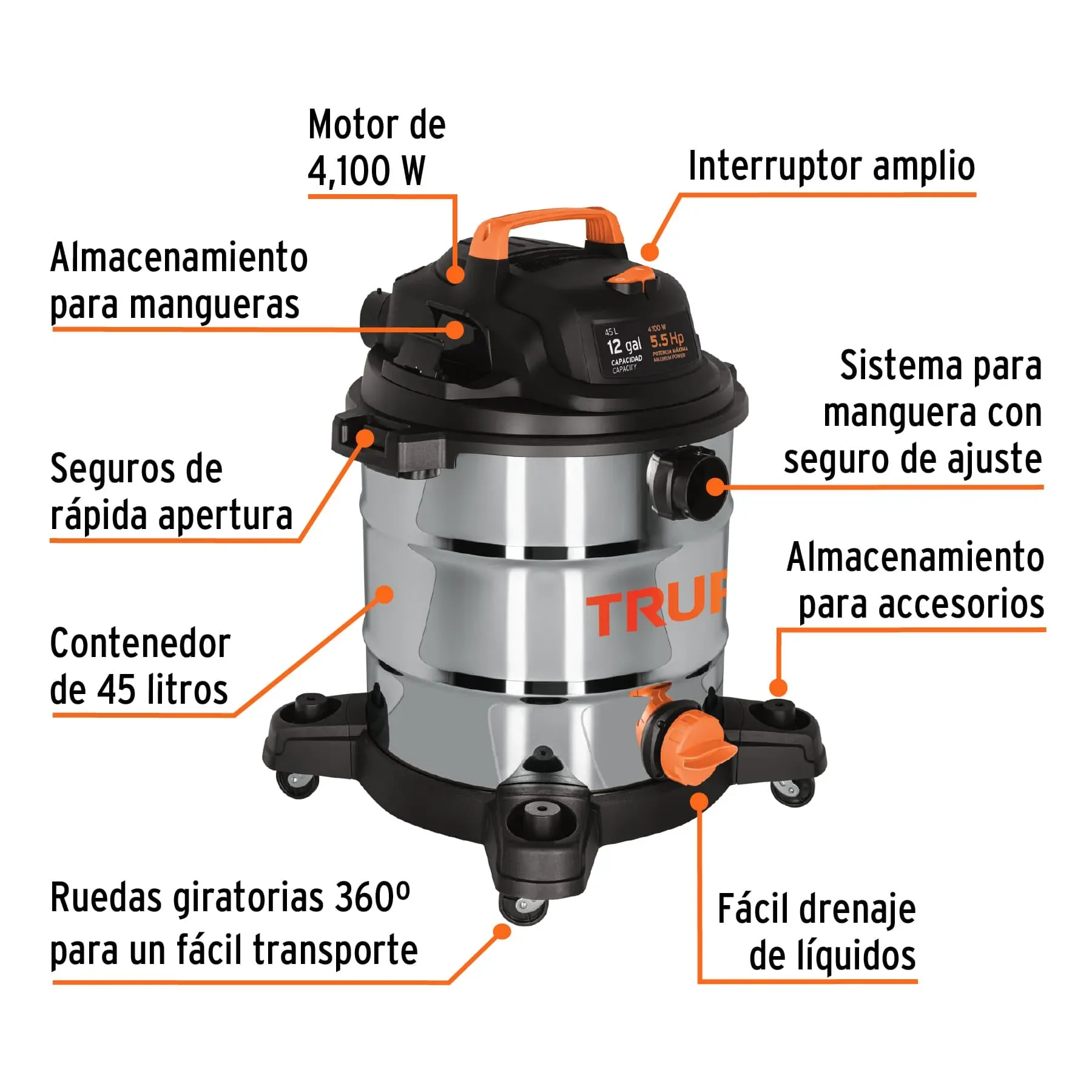 Aspiradora Industrial Profesional En Acero Inoxidable Truper 12 Galones Solidos Y Líquidos + Accesorios