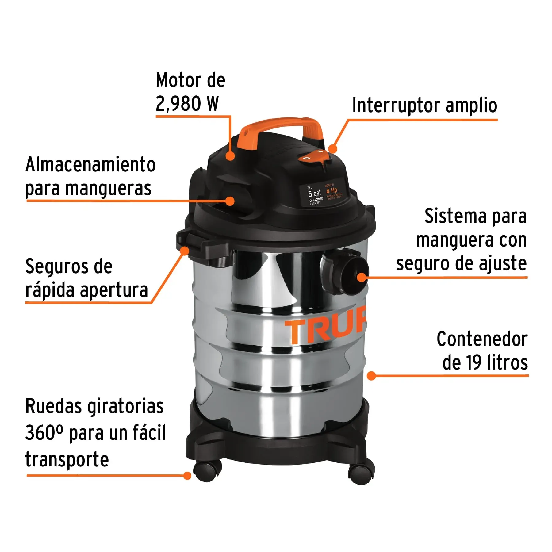 Aspiradora Industrial Profesional En Acero Inoxidable Truper 5 Galones Solidos Y Líquidos + Accesorios