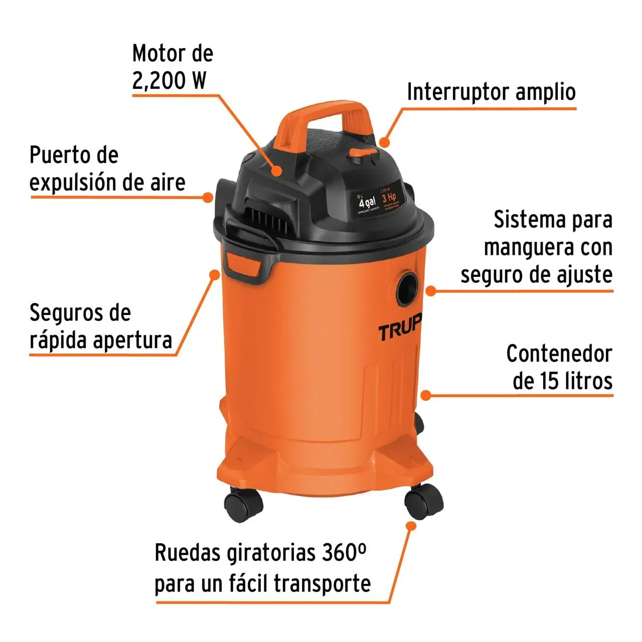 Aspiradora Plástica Truper 4 Galones Solidos Y Líquidos + Accesorios