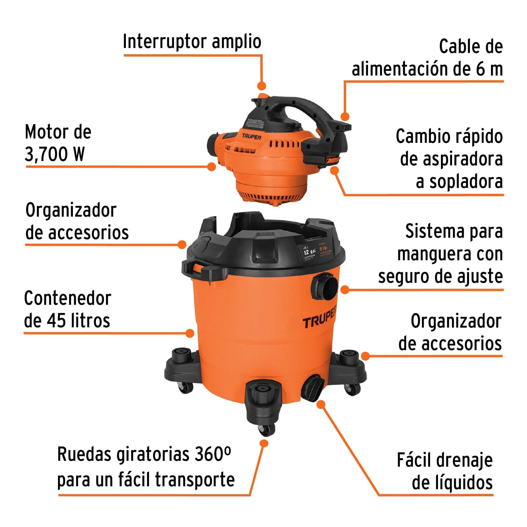 Aspiradora Y Sopladora 2 En 1 Sólidos Y Líquidos Capacidad 12 Galones Truper