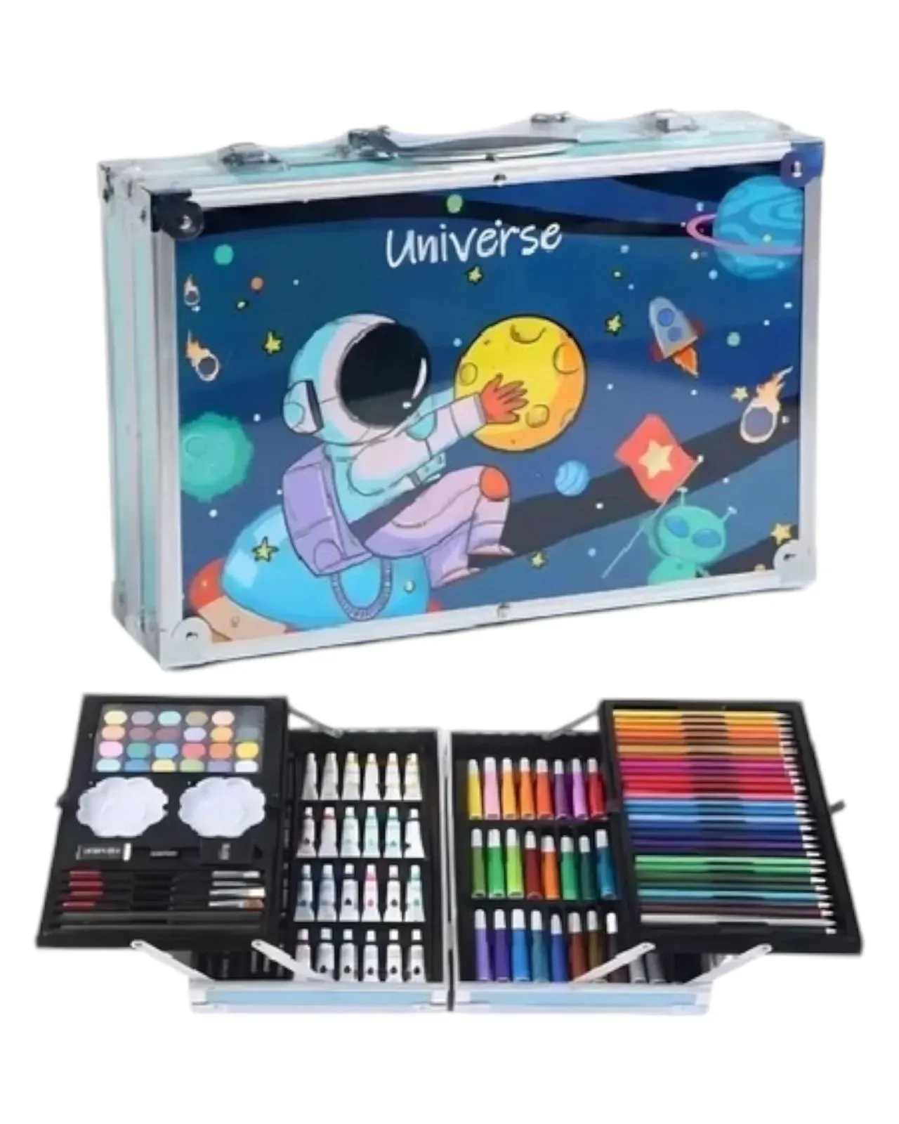 Set De Arte Maleta 145 Metalico Piezas Para Niños Creatividad Dibujo Azul 