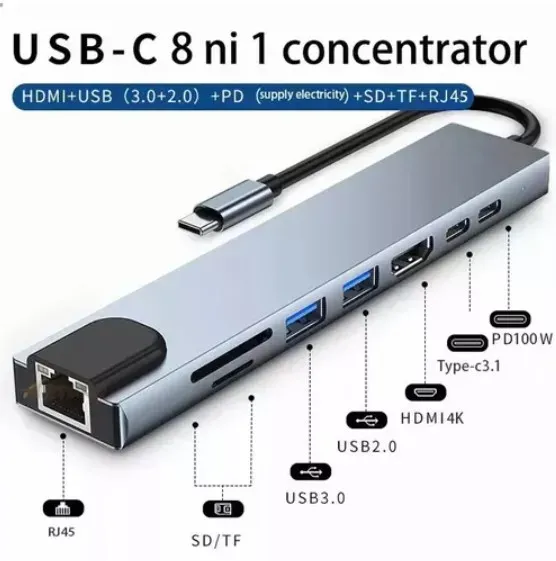 Adaptador USB-C A HDMI 4K Con 8 Puertos: Conectividad Multifuncional