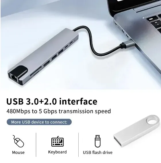 Adaptador USB-C A HDMI 4K Con 8 Puertos: Conectividad Multifuncional