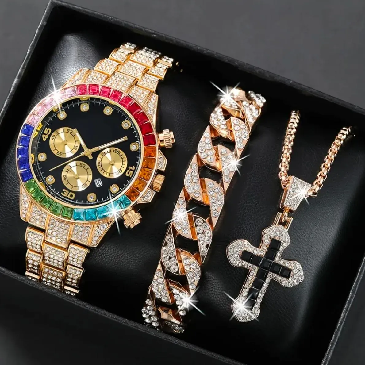 Conjunto Cubano De 3 Piezas De Reloj Con Pulsera Y Cadena Con Dije