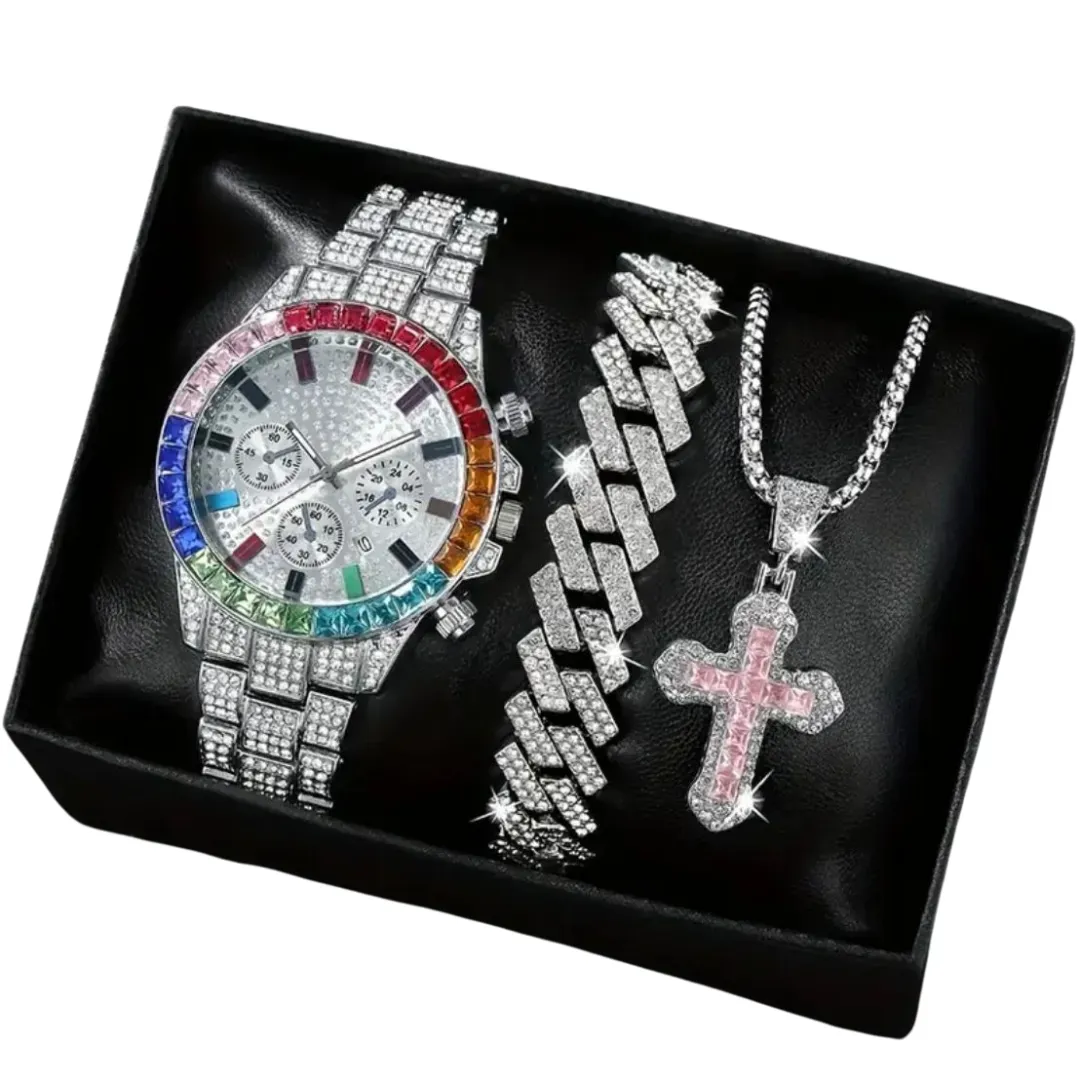 Conjunto Cubano De 3 Piezas De Reloj Con Pulsera Y Cadena Con Dije