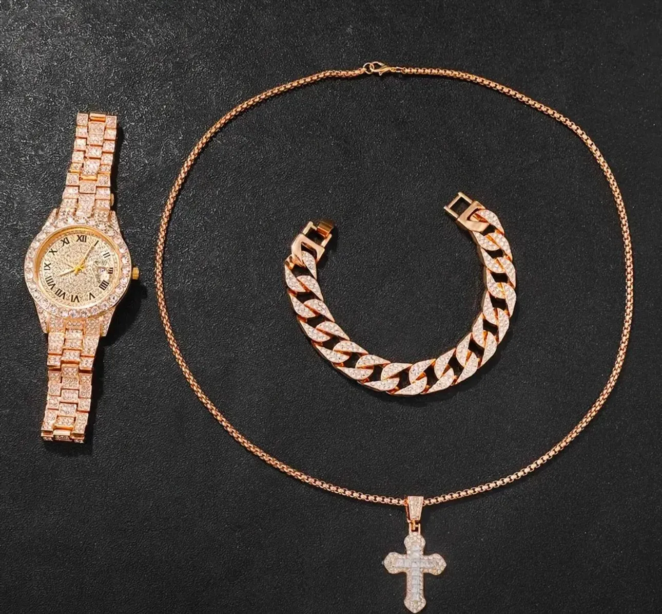 Conjunto Cubano De 3 Piezas De Reloj Con Pulsera Y Cadena Con Dije