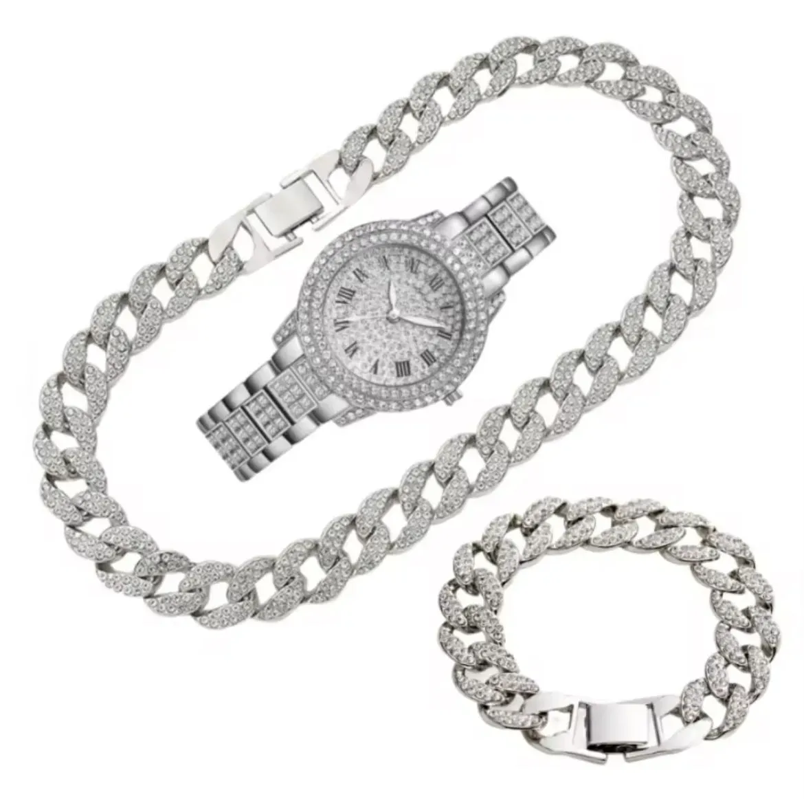 Conjunto Cubano Reloj Cadena Y Pulsera Para Mujer 