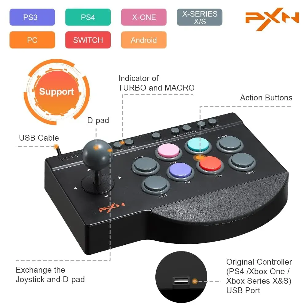 Control Arcade PXN Con Cable Usb Para Pc, PS3, PS4, Xbox One, Xbox X/S, Nintendo Switch 