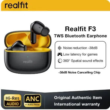 Audifonos Inalámbricos Realfit  F3 ANC, Auriculares Con Cancelación Activa De Ruido, Negros - Amarillo