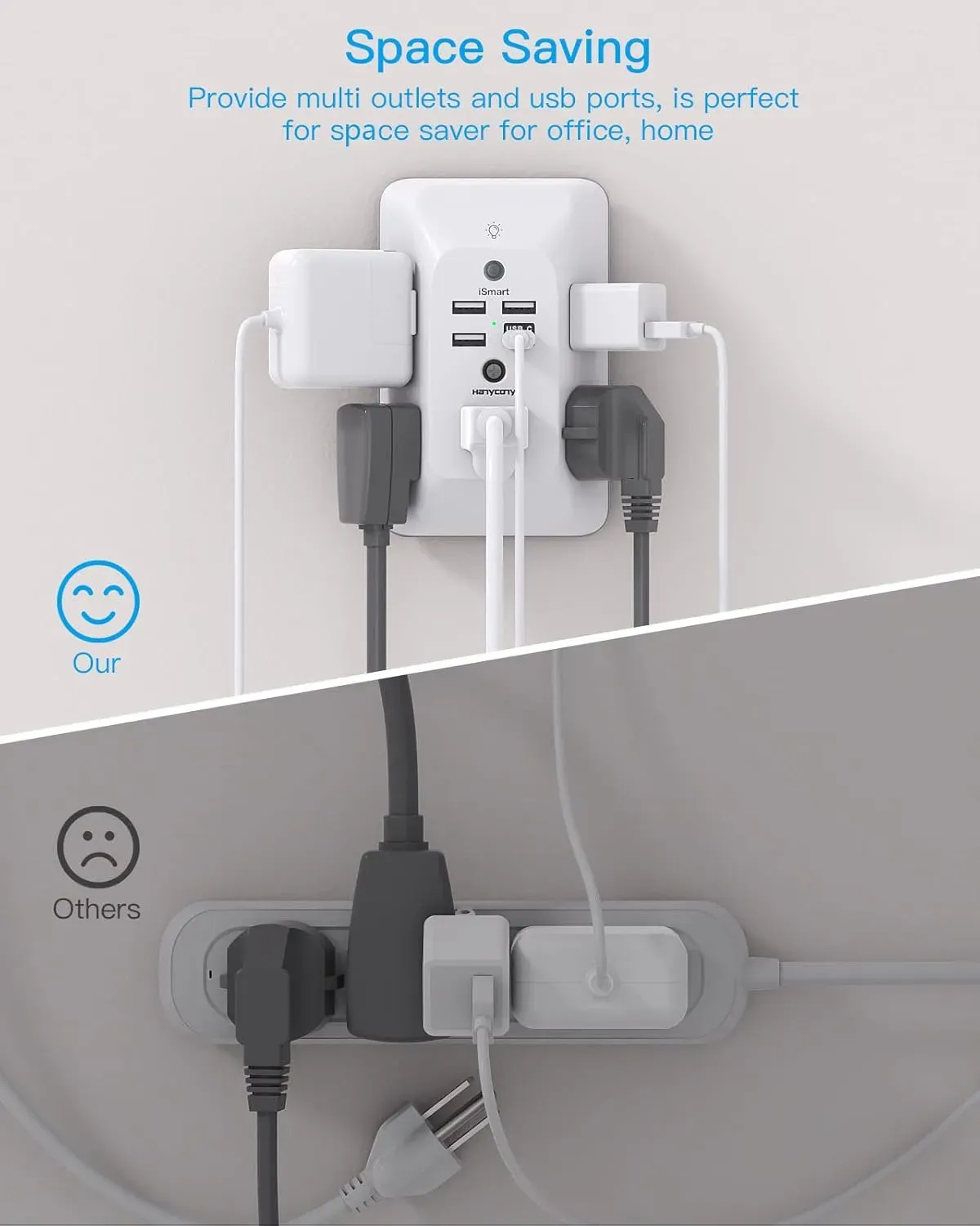 Cargador De Pared 5  Enchufes Y 4 Puertos Usb, Protege Sobretensiones Y Con Luz Nocturna