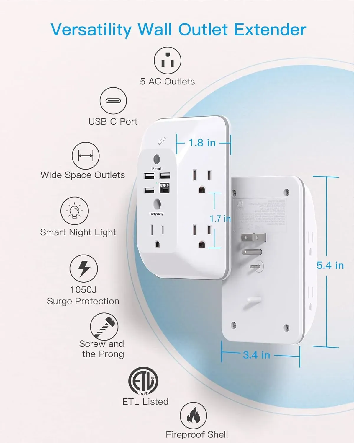 Cargador De Pared 5  Enchufes Y 4 Puertos Usb, Protege Sobretensiones Y Con Luz Nocturna