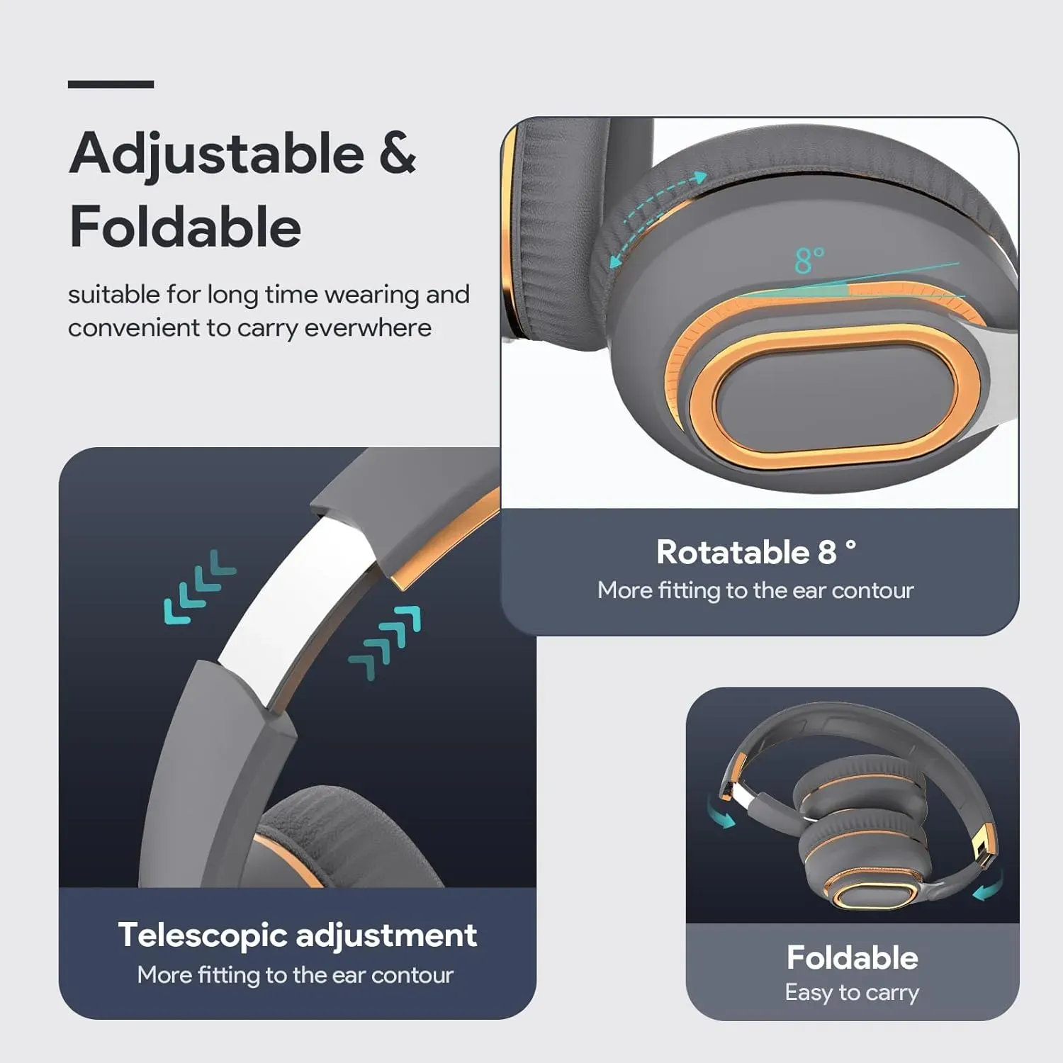 Audifonos De Diadema Bluetooth, Auriculares Inalámbricos Plegables Con Micrófono Oculto- Gris