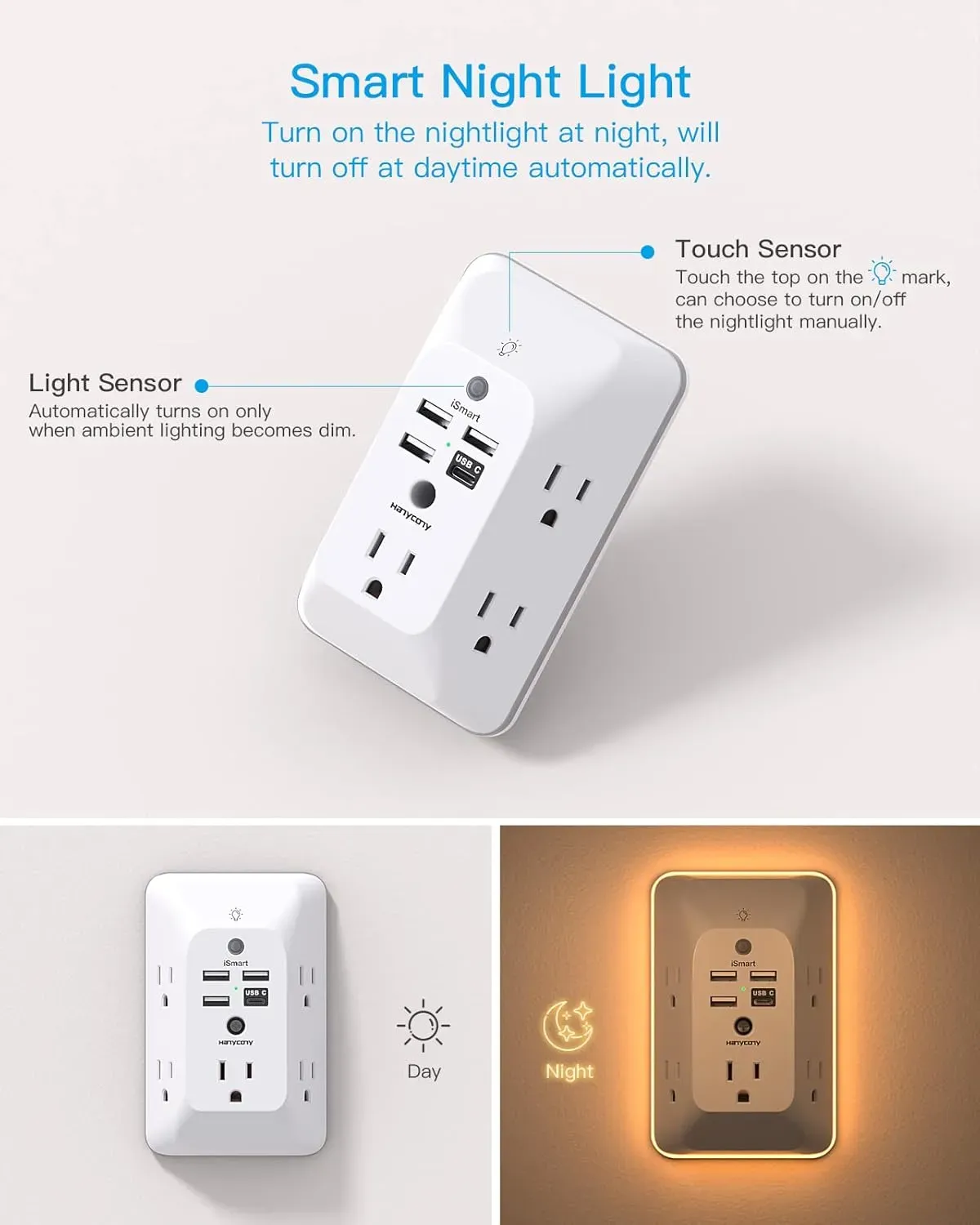 Cargador De Pared 5  Enchufes Y 4 Puertos Usb, Protege Sobretensiones Y Con Luz Nocturna