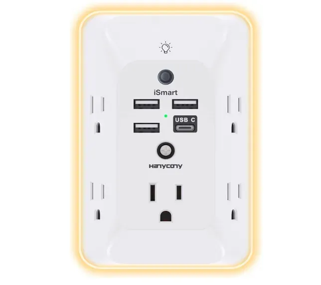 Cargador De Pared 5  Enchufes Y 4 Puertos Usb, Protege Sobretensiones Y Con Luz Nocturna