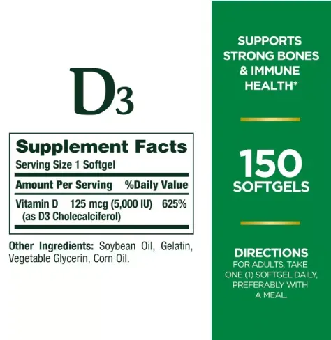 Nature's Bounty Vitamina D3 125 mcg (5,000 IU), 150 Cápsulas Blandas