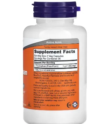 NOW Foods, L-Tryptophan, 500 mg, 60 Veg Capsules 