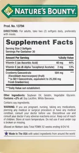 Nature's Bounty Cranberry 25200 Vitamin C 60 Softgels