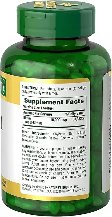 Nature's Bounty Biotin 10,000 mcg, 250 cápsulas blandas de liberación rápida