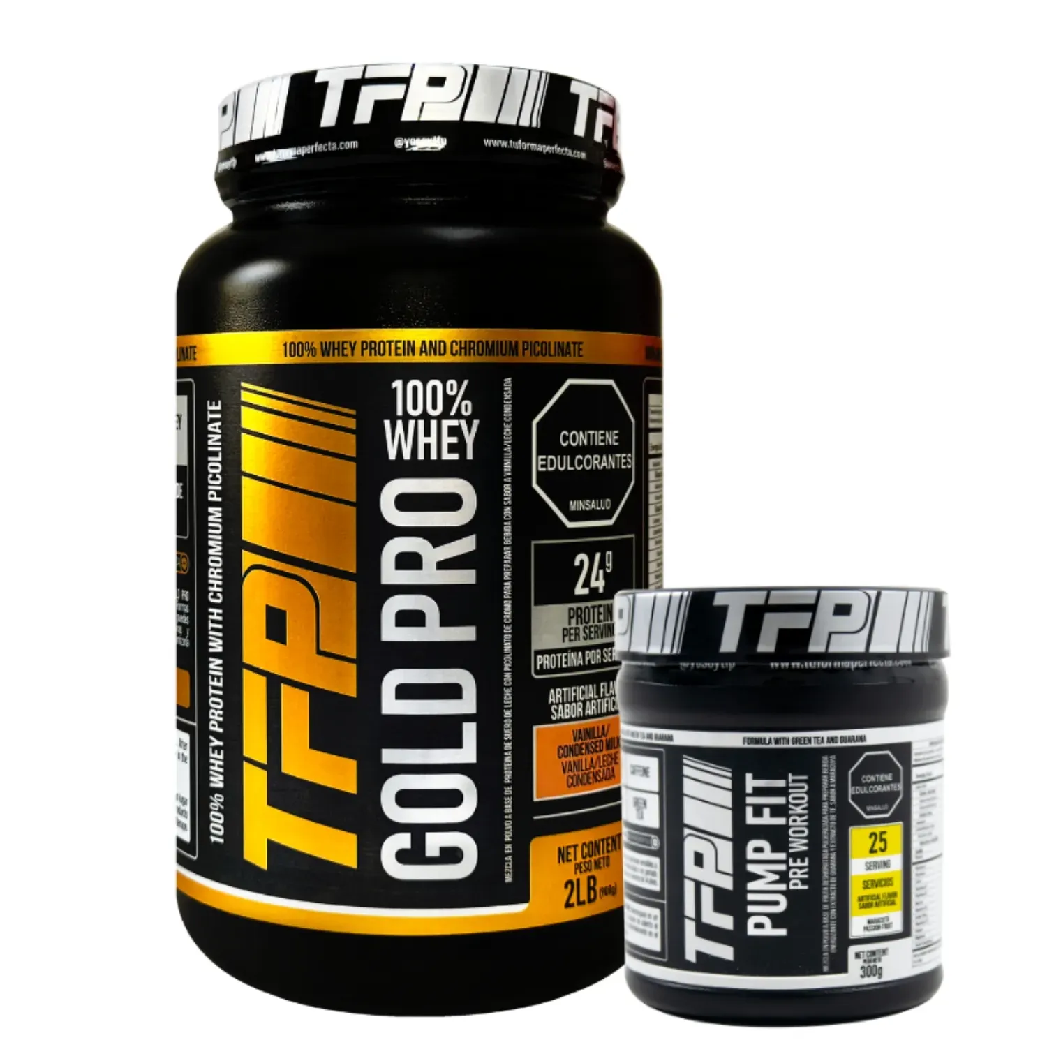 Combo Proteina Whey TFP Gold Pro 2 Lbs y Pre Workout Pump Fit 300 Grs