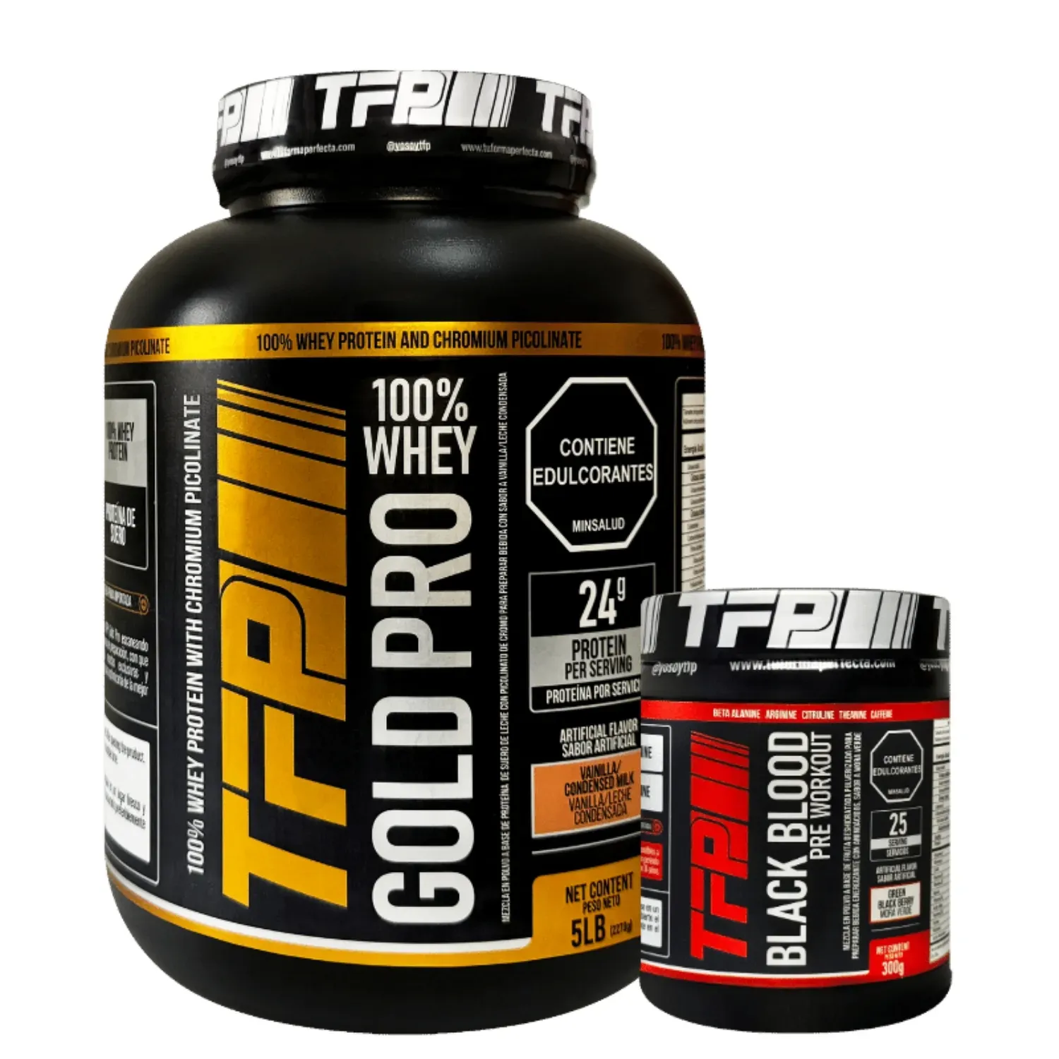 Combo Proteina Whey TFP Gold Pro 5 Lbs y Pre Workout Black Blood 300 Grs