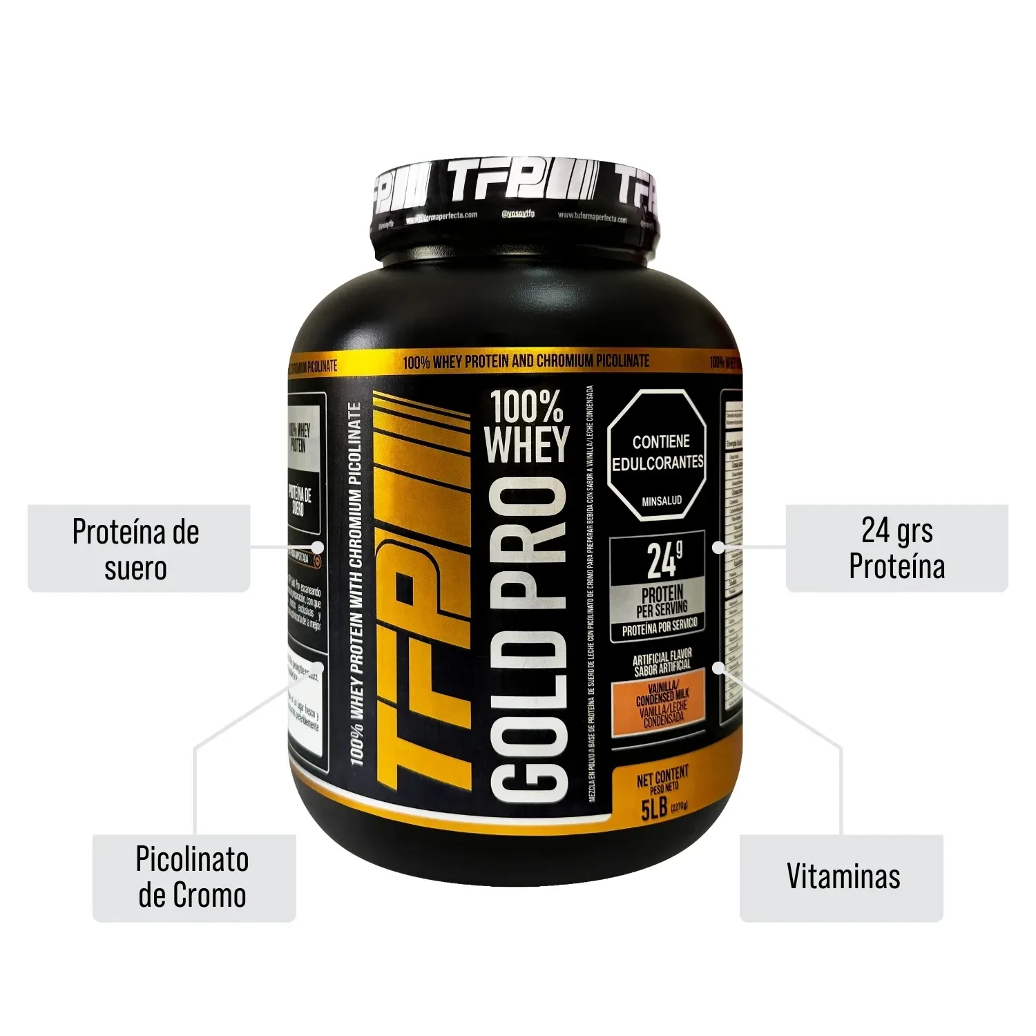 Combo Proteina Whey TFP Gold Pro 5 Lbs y Quemador Stack 300 Grs