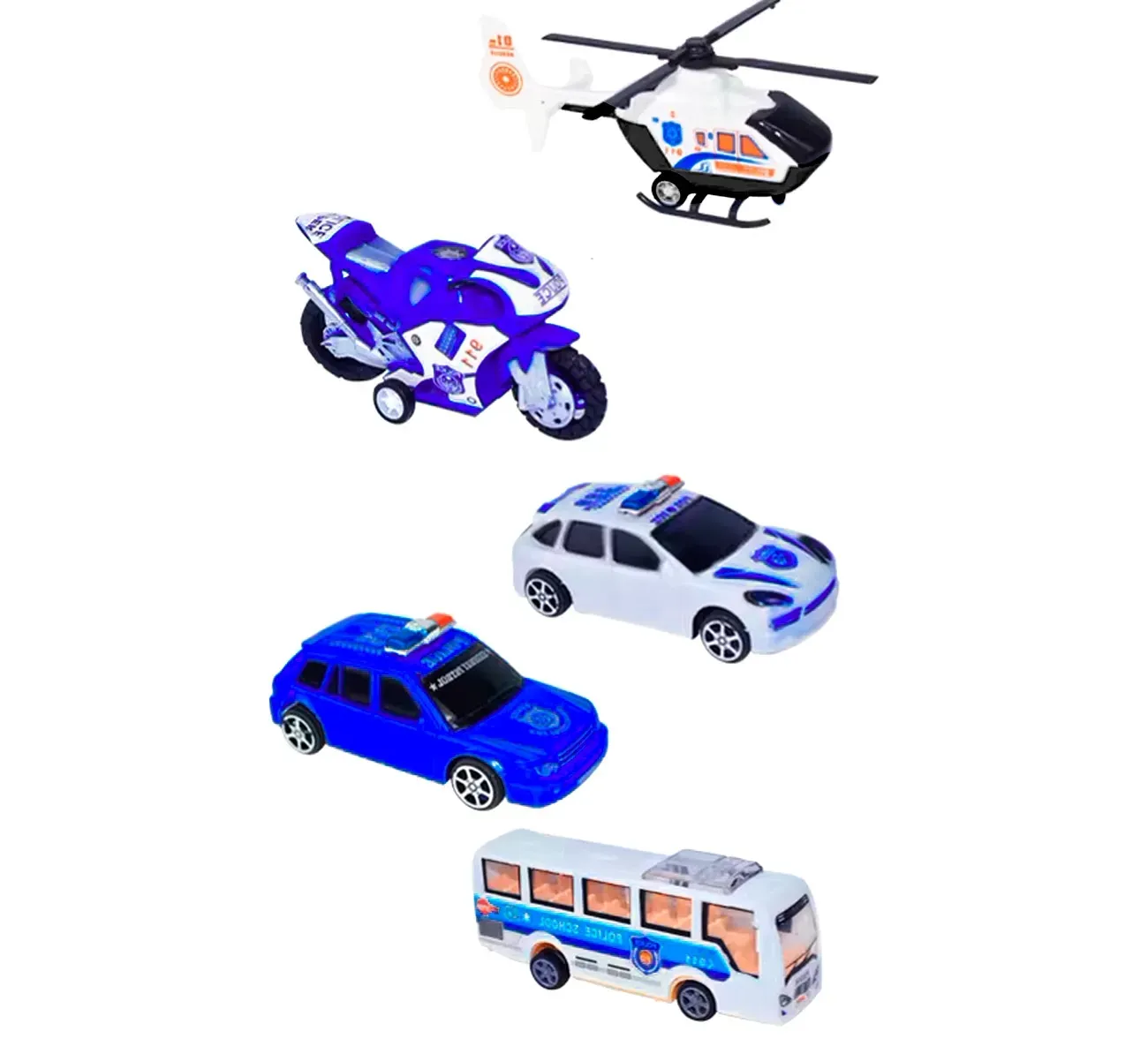 Carros De Impulso Moto Grua Bus Helicoptero Policia 5 Pc