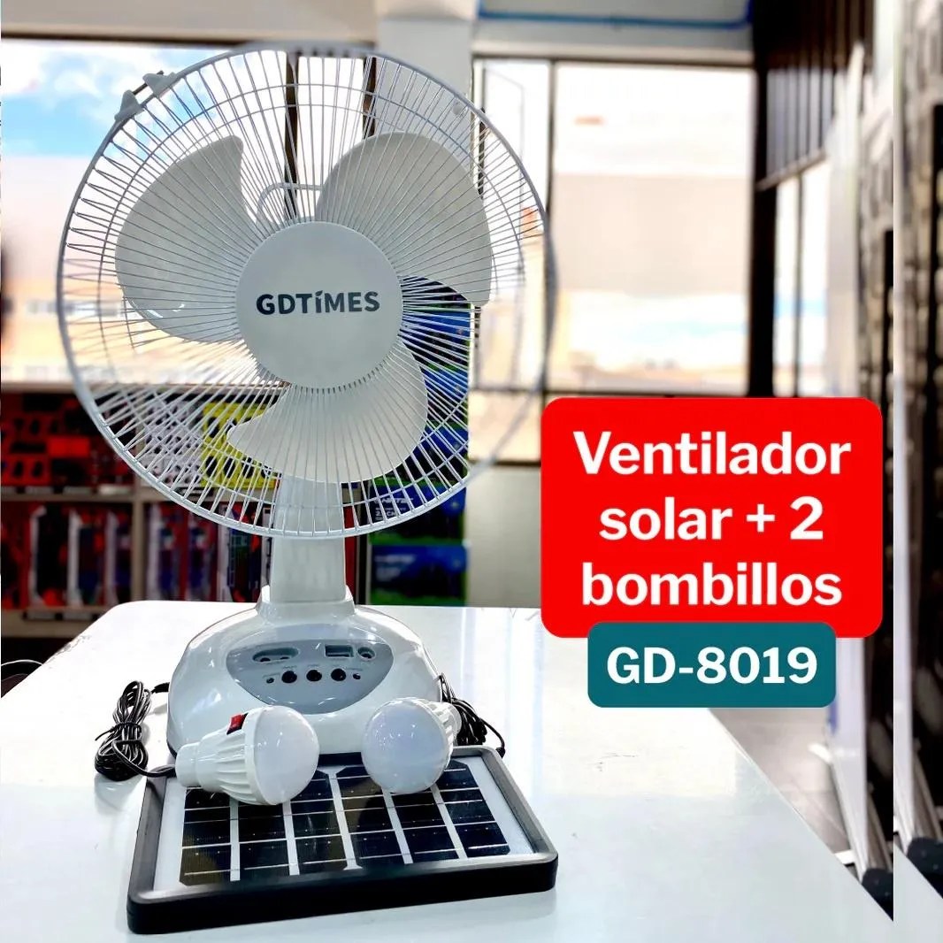 Ventilador Recargable Panel Solar Dos Bombillos GD-8019