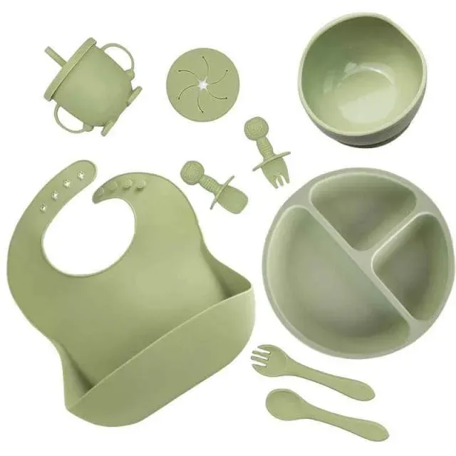 Set Completo Vajilla Silicona 10 Piezas Para Bebés Platos Babero Vaso Y Cubiertos