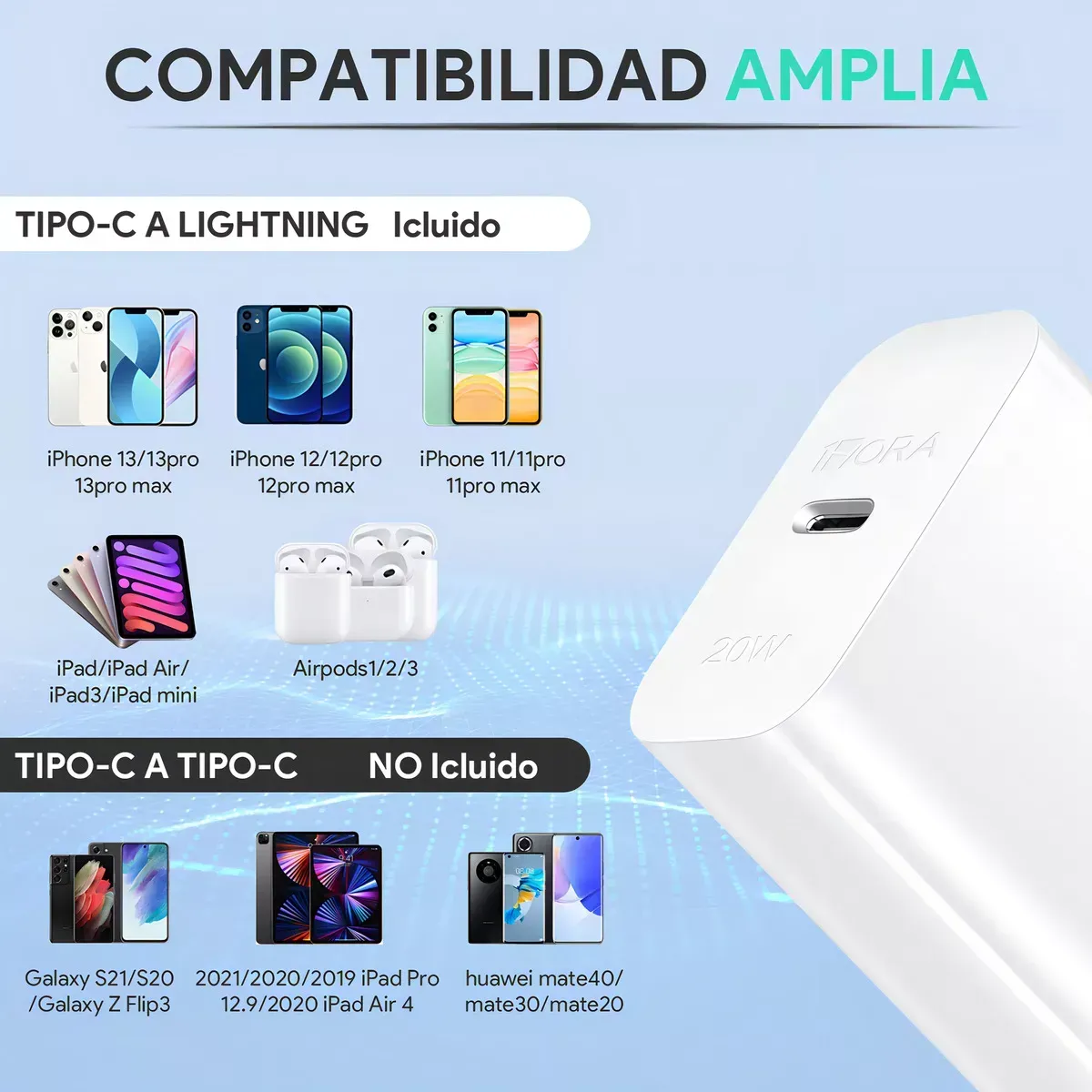 Cargador Carga Rápida Lighting Con Cable Ip 3a 20w Carga Rápida Compatible Con iPhone XS/xr/11/12/13/14