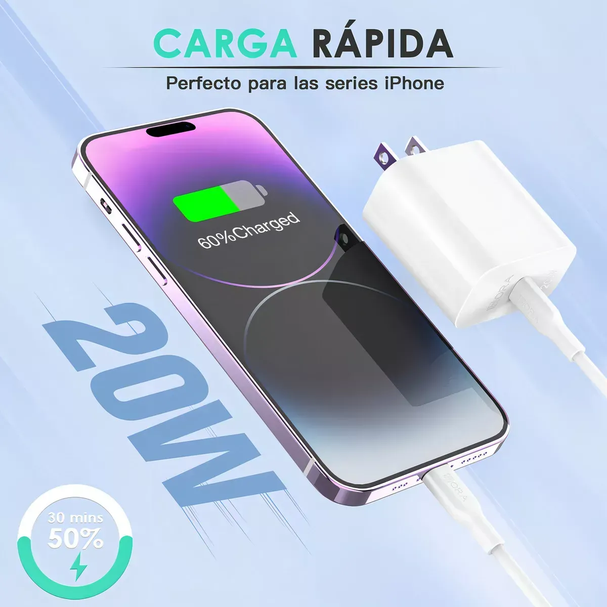 Cargador Carga Rápida Lighting Con Cable Ip 3a 20w Carga Rápida Compatible Con iPhone XS/xr/11/12/13/14