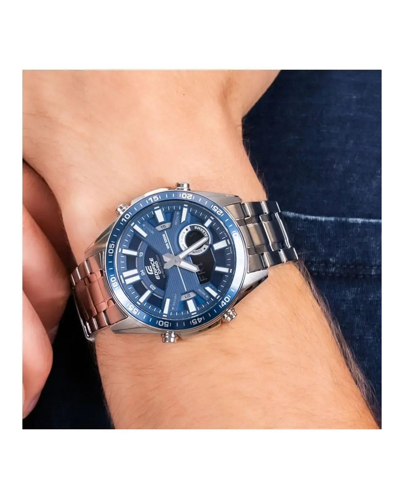 Reloj Casio Edifice efv-c100d-2avdf Doble Hora Pulso En Acero Hombre Fondo Azul