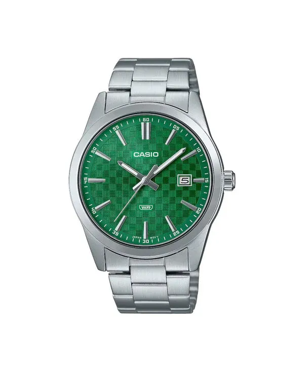 Reloj Casio Hombre MTP-VD03D-3A1UDF Pulso Acero Plateado Fondo Verde Ajedrez Caballero
