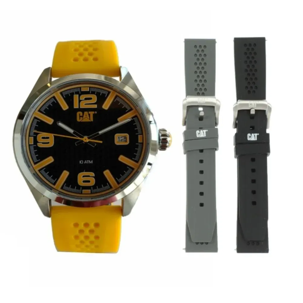 Reloj Caterpillar Hombre SETQA137 Triple Pulso Silicona Amarillo Negro Gris Caballero