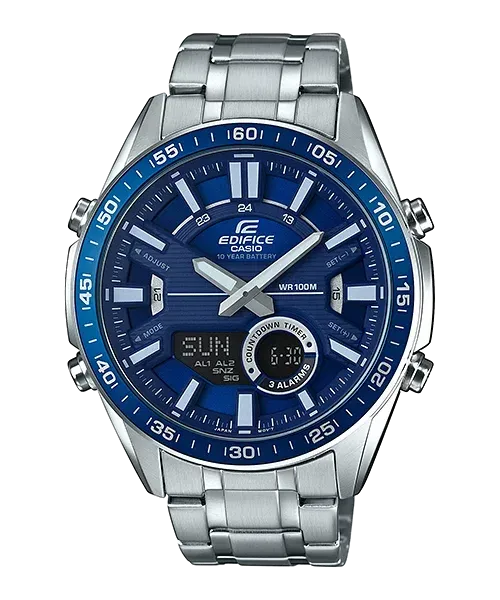 Reloj Casio Edifice efv-c100d-2avdf Doble Hora Pulso En Acero Hombre Fondo Azul