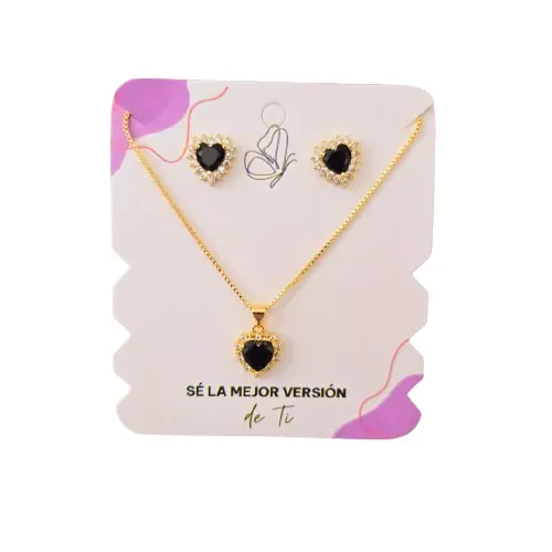 Juego Collar y Aretes Corazón Con Microcircones Negro Rodio