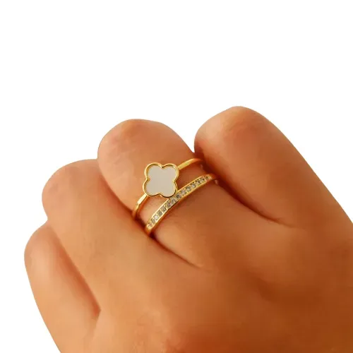 Anillo Trébol Blanco Doble En Rodio 