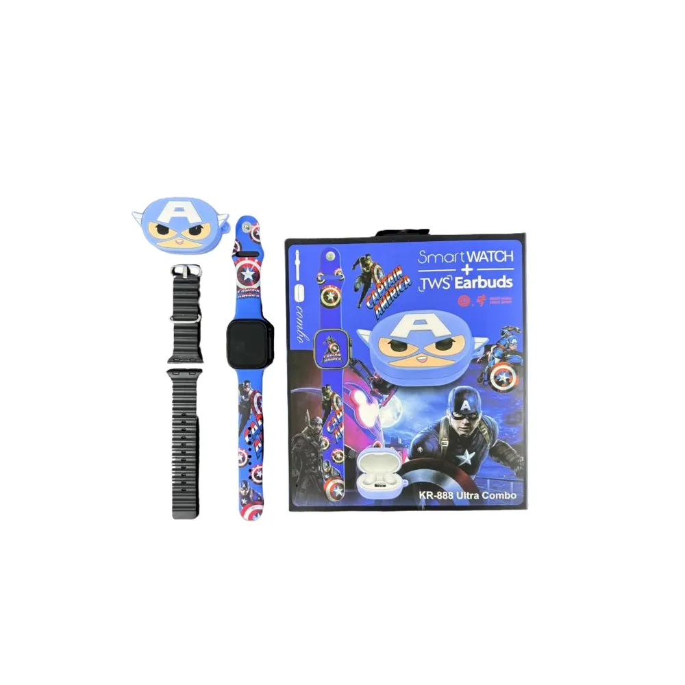 Combo Reloj Inteligente Niños KR-888 Capitan America + Audífonos Estuche