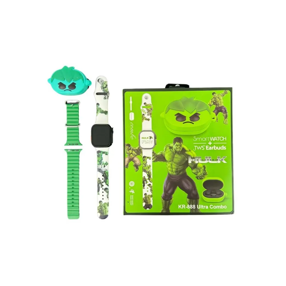 Combo Reloj Inteligente Niños KR-888 Hulk + Audífonos Estuche