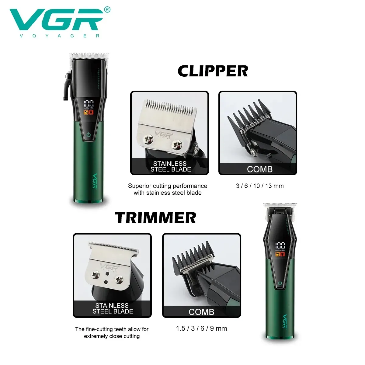 Kit VGR Maquina Cortadora De Cabello V677 Barbera Patillera Set Profesional