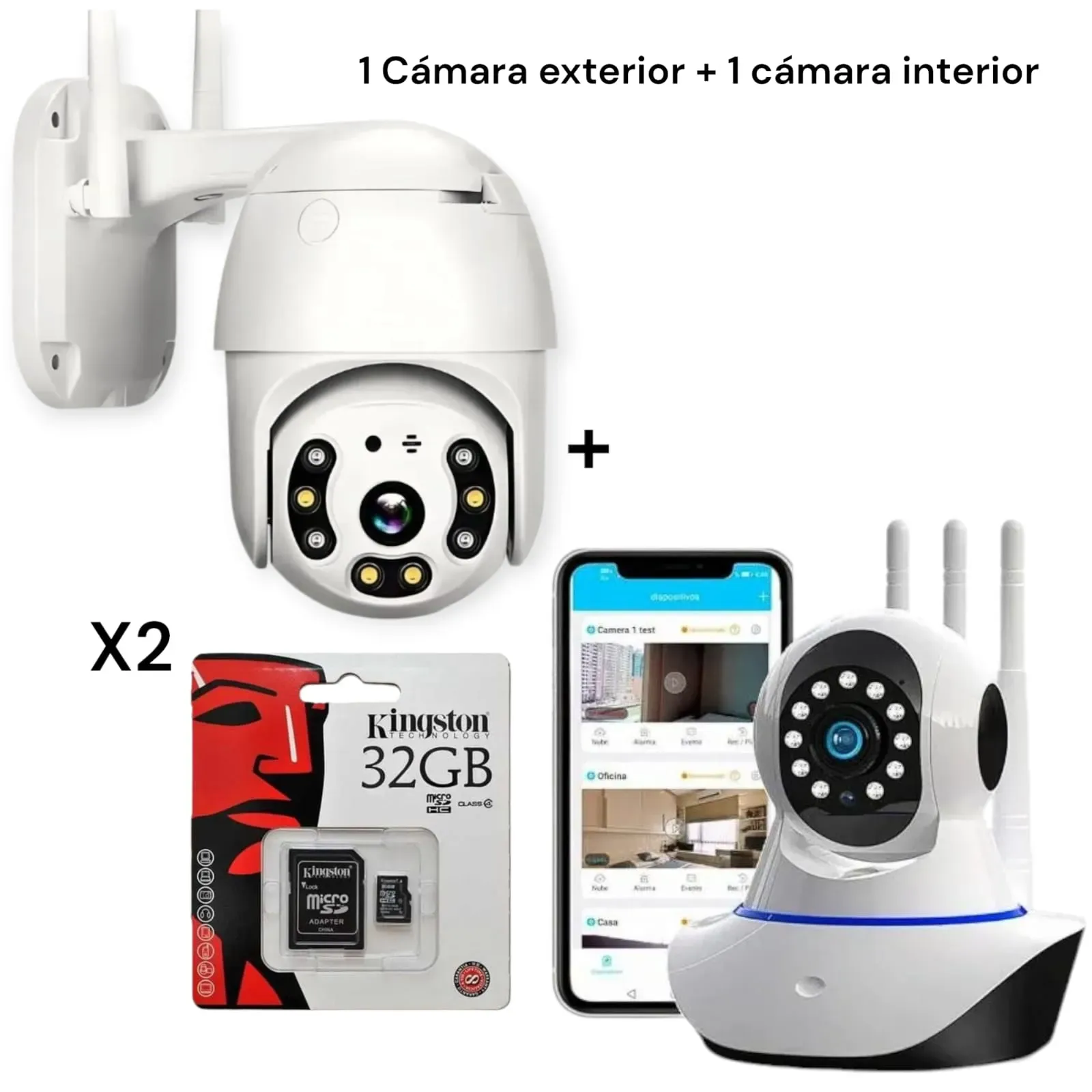 Cámara De Seguridad 3 Antenas + Cámara Exterior Wifi 360 + 2x Memorias Micro 32GB